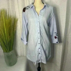 Soft Surroundings Women’s L Striped Linen Floral Embroidered Long Sleeve Tunic